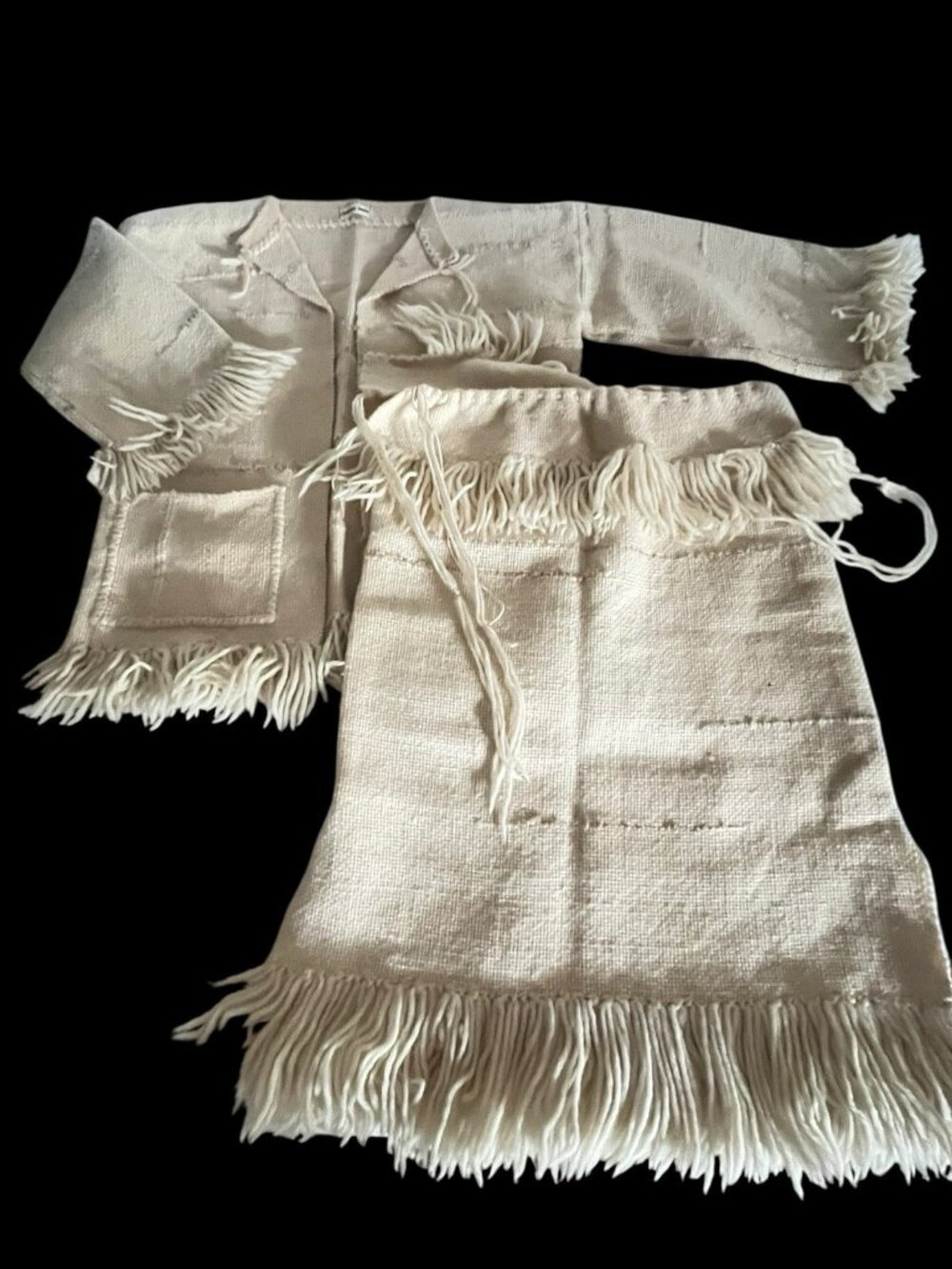 Vtg 2 Pc Suit Outfit Hand Tied Hippie OOAK Crazy Stitching Fringe Jacket Skirt